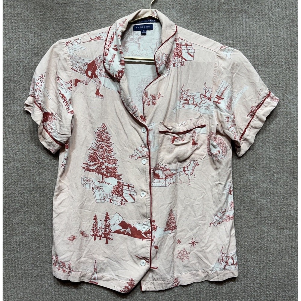 Katie Kime Womens XS Holiday Toile Pajama Shorts Shirt Set Red Peach Comfortable